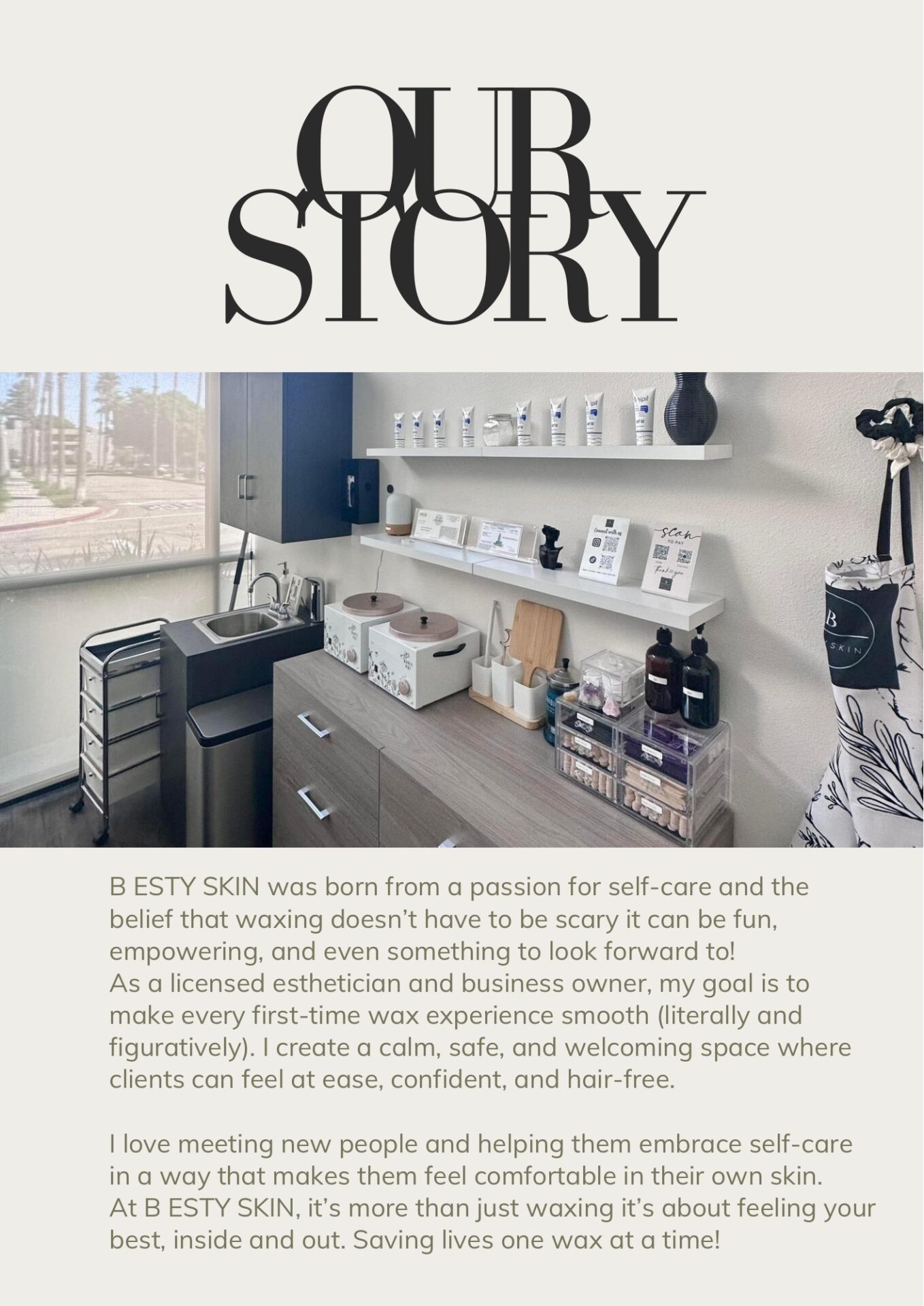 B Esty Skin waxing salon interior in Northridge, CA, showing the clean, comfortable clinic environment and professional hard wax products for hair removal.